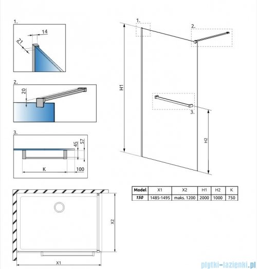 Radaway Modo New II Brushed GunMetal z wieszakiem kabina Walk-in 150x200 szczotkowany grafit 389154-92-01W