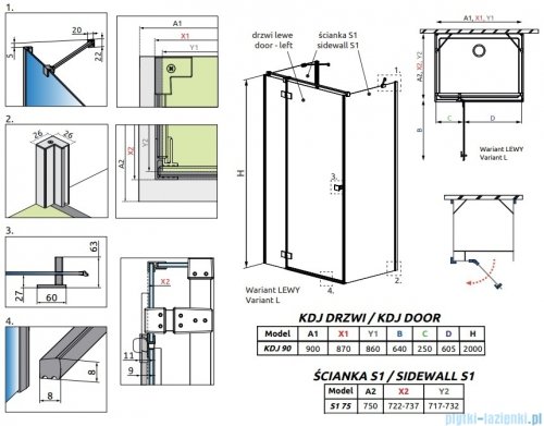 Radaway Essenza Brushed Gold Kdj+S kabina 75x90x75cm lewa szczotkowane złoto 1384049-01-01/1385020-99-01L/1384049-01-01