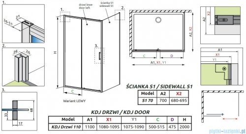 Radaway Premium Pro Black Kdj kabina 110x70cm lewa czarny mat/szkło przejrzyste 1015110-54-01L /1016070-54-01