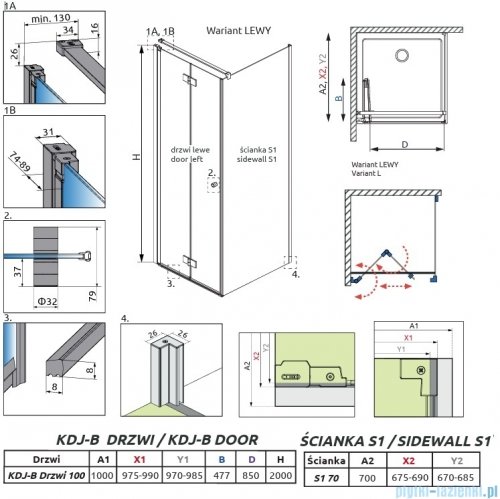 Radaway Nes 6 Kdj B Brushed Light Gold kabina 100x70cm lewa szczotkowane jasne złoto 10025100-98-01L/10039070-01-01