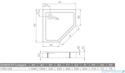 Radaway Doros Pt Compact Stone brodzik pięciokątny 100x100x11,5cm antracyt SDRPT1010-05-64S