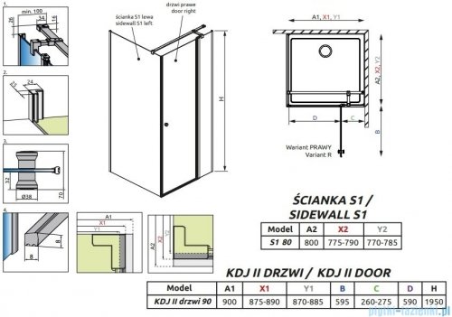 Radaway Eos KDJ II kabina prysznicowa 90x80 prawa przejrzyste 13799421-01R/13799410-01