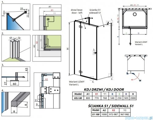 Radaway Essenza Brushed Copper Kdj+S kabina 100x80x100cm lewa szczotkowana miedź 1384052-01-01/1385021-93-01L/1384052-01-01