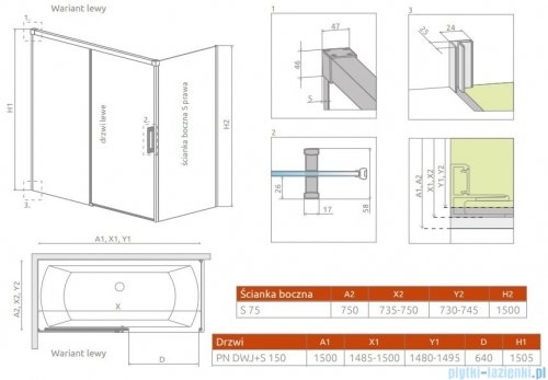 Radaway Idea Black Pn Dwj+S parawan nawannowy 160x75cm lewy czarny mat/szkło przejrzyste 10042160-54-01L/10005075-54-01R