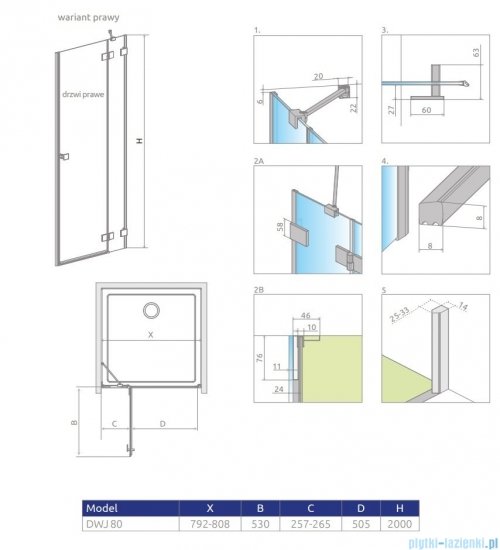 Radaway Essenza Pro Brushed Nickel Dwj drzwi wnękowe 80cm prawe szczotkowany nikiel 10099080-91-01R