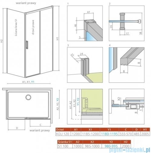 Radaway Idea Kdj Brushed Nickel kabina 120x100cm prawa szczotkowany nikiel 387042-91-01R/387052-91-01L