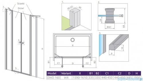 Radaway Eos II Dwd drzwi prysznicowe 160x195 W4 szkło przejrzyste 3799730-01-01/3799870-01-01