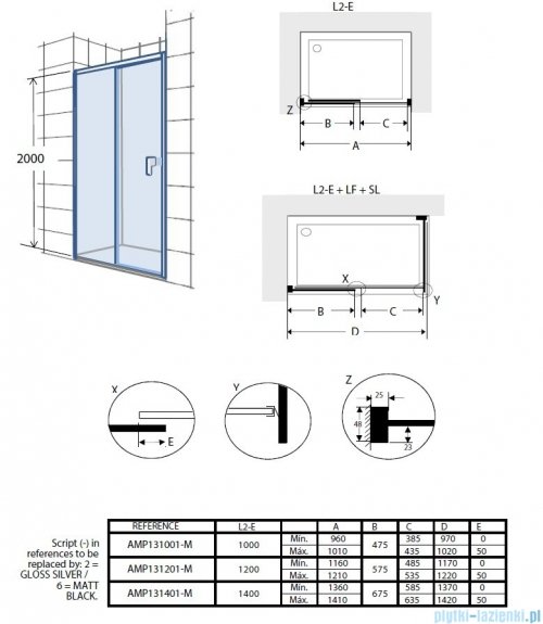 Roca Metropolis drzwi prysznicowe 140x200cm przejrzyste profile CZARNY MAT AMP1314016M