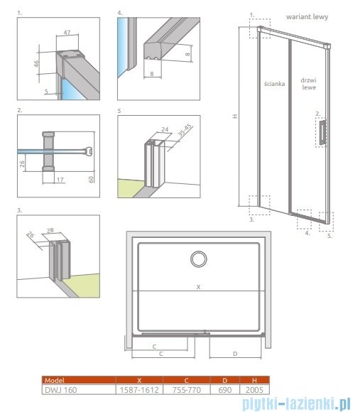 Radaway Idea Black 8 Dwj drzwi wnękowe 160cm lewe czarny mat/szkło przejrzyste 10330820-54-01L/10350753-01-01