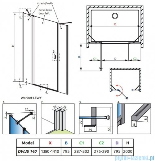 Radaway Nes 8 Black Dwjs drzwi wnękowe 140cm lewe czarny mat/szkło przejrzyste 10084790-54-01L/10084610-54-01