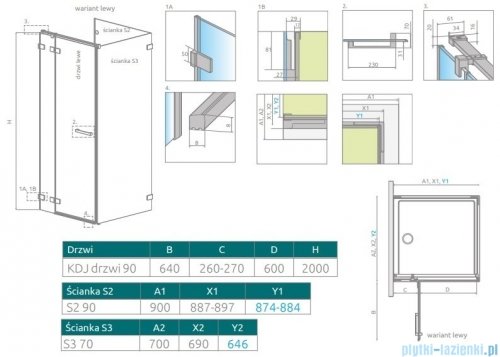 Radaway Euphoria KDJ P Kabina przyścienna 90x70x90 lewa szkło przejrzyste 383612-01L /383241-01L/383030-01/383057-01