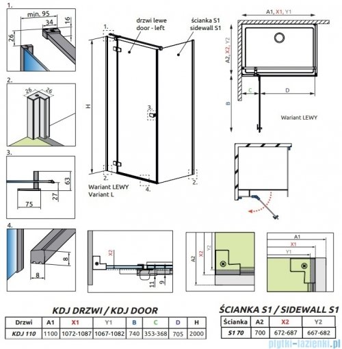 Radaway Fuenta Kdj kabina 110x70cm lewa chrom połysk szkło przejrzyste 1384041-01-01L/1384048-01-01
