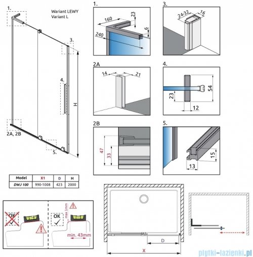 Radaway Furo SL Brushed GunMetal DWJ drzwi prysznicowe 100cm lewe szczotkowany grafit 10307522-92-01L/10110480-01-01