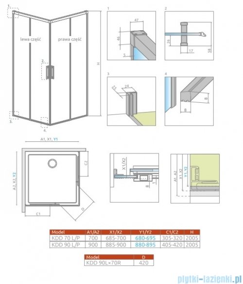 Radaway Idea Kdd Brushed GunMetal kabina 90x70cm szczotkowany grafit 387060-92-01L/387065-92-01R