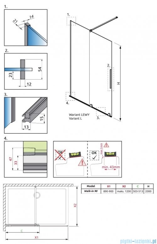 Radaway Furo Brushed GunMetal kabina Walk-in 90x200cm lewa szczotkowany grafit 10106488-92-01L/10110444-01-01