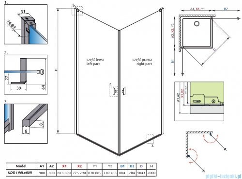 Radaway Nes Black Kdd I Frame kabina 90x80cm rysunek techniczny