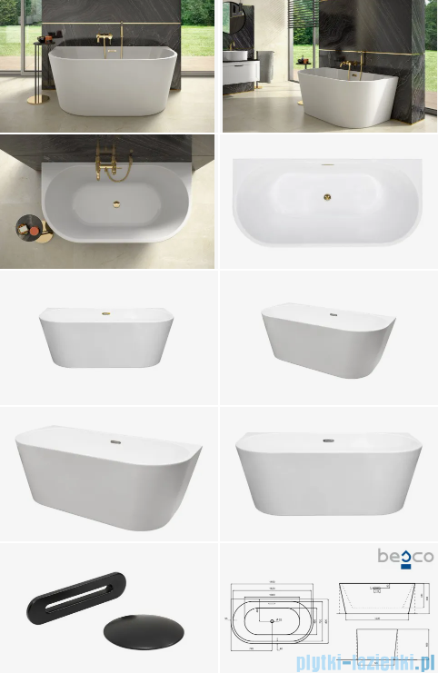 Besco Vica New wanna 150x80cm wolnostojąca przyścienna z przelewem szczelinowym slim syfon klik-klak czarny matt #WAS-150VNCZ