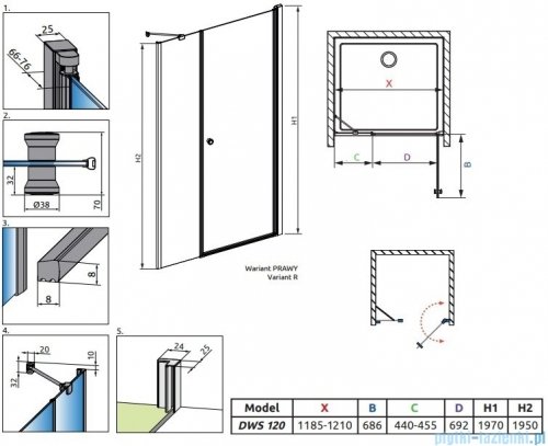 Radaway Eos DWS drzwi prysznicowe 120 prawe przejrzyste 137992-01-01R