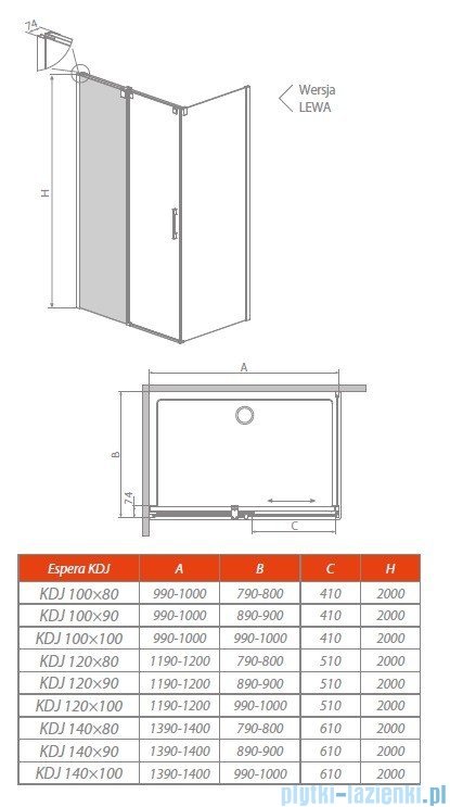 Radaway Espera KDJ Mirror kabina prysznicowa 140x80 lewa szkło przejrzyste rysunek techniczny