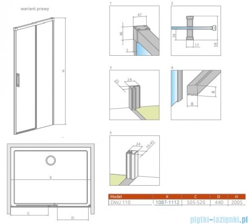 Radaway Idea DWJ Brushed Nickel drzwi wnękowe 110cm prawe szczotkowany nikiel 387015-91-01R