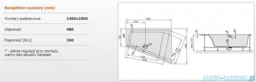 Sanplast Space Line Wanna trapezowa prawa+stelaż+adapter z pokrywką WTP/SPACE 180x140+SP, 610-100-1360-01-000