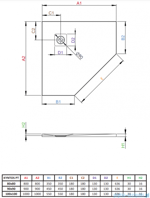 Radaway Kyntos PT  brodzik pięciokątny 100x100x3cm cemento HKPT100100-74