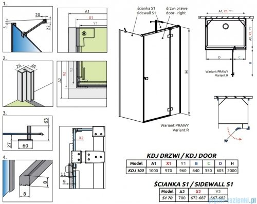 Radaway Essenza Gold Kdj+S kabina 70x100x70cm prawa złoty połysk szkło przejrzyste 1384048-01-01/1385022-09-01R/1384048-01-01