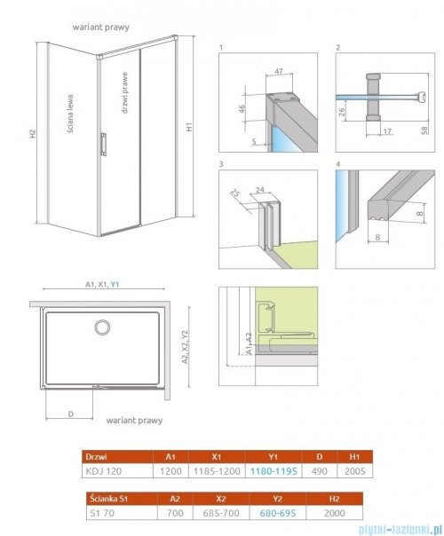Radaway Idea Gold Kdj kabina 120x70cm prawa złoty połysk/szkło przejrzyste 387042-09-01R/387048-09-01L
