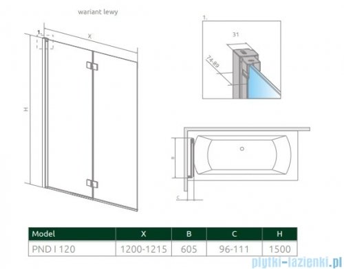 Radaway Nes 8 Pnd I parawan nawannowy 120cm lewy przejrzyste 10060120-01-01L