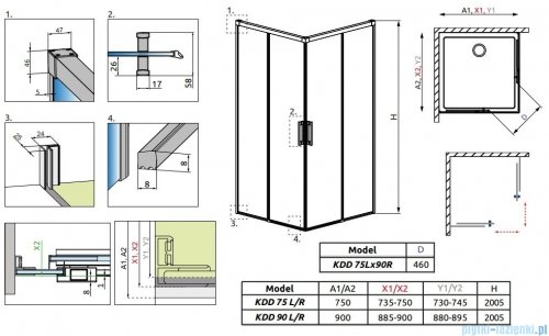 Radaway Idea Kdd  Brushed Gold kabina 75x90cm szczotkowane złoto 387066-99-01L/387060-99-01R