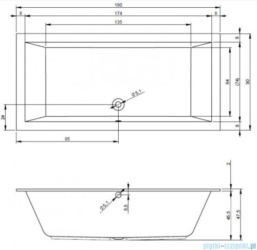 Riho Lugo 190x90cm wanna prostokątna z hydromasażem Relaks + nogi + syfon BT05-REL