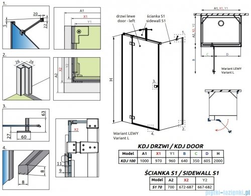 Radaway Essenza Brushed Gold Kdj+S kabina 70x100x70cm lewa szczotkowane złoto 1384048-01-01/1385022-99-01L/1384048-01-01