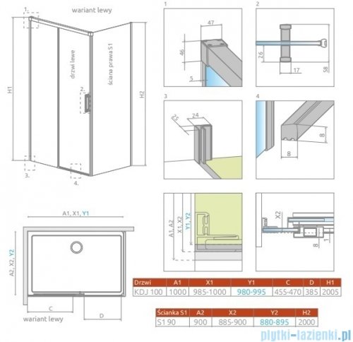 Radaway Idea Kdj Brushed Nickel kabina 100x90cm lewa szczotkowany nikiel 387040-91-01L/387050-91-01R