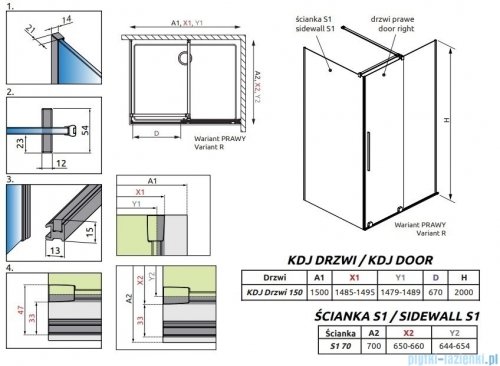 Radaway Furo Kdj Brushed Nickel kabina 150x70cm prawa szczotkowany nikiel 10104772-91-01R/10110730-01-01/10113070-01-01