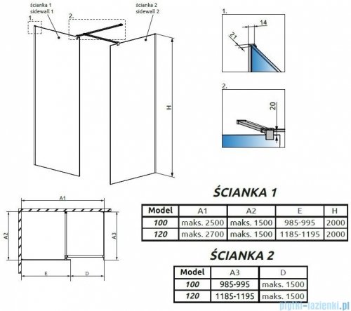 Radaway Modo New Black III kabina Walk-in 120x100x200 szkło przejrzyste 389124-54-01/389104-54-01/389000-54