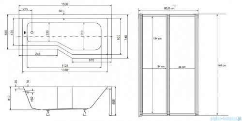 Besco Integra 150x75cm wanna prawa + parawan 2-skrz + obudowa + syfon #WAI-150-PP2/#OAI-150-NS/19975