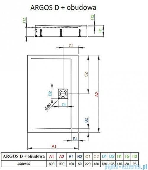 Radaway Brodzik prostokątny Argos D 90x80x14,5 cm + nogi 4ADN89-02