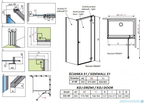 Radaway Essenza 8 Brushed Nickel Kdj kabina 80x90cm prawa szczotkowany nikiel 10480512-01-01R/10470237-91-01R/10113090-01-01