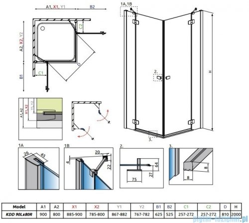 Radaway Fuenta New Kdd kabina 90x80cm szkło przejrzyste 384060-01-01L/384061-01-01R