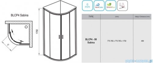 Ravak Blix BLCP4 Sabina kabina półokrągła 80x80 aluminium transparent Anticalc 3B240C40Z1