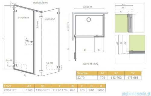 Radaway Arta Kds I kabina 120x70cm lewa szkło przejrzyste rysunek techniczny