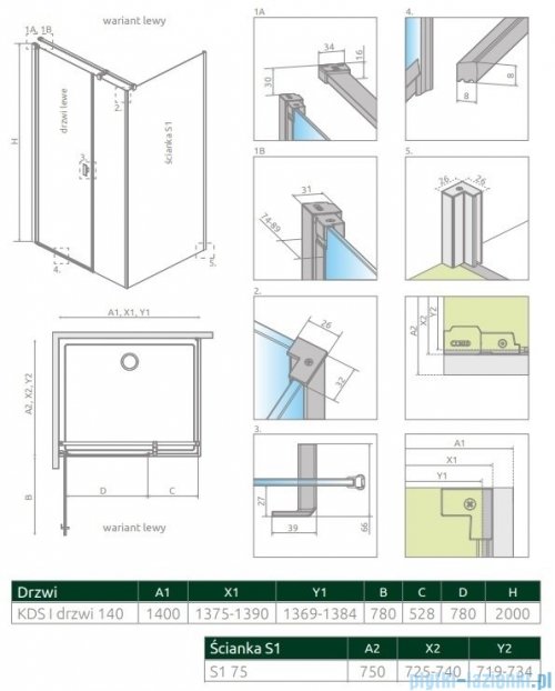 Radaway Nes 8 Black Kds I kabina 140x75cm lewa czarny mat/szkło przejrzyste 10073140-54-01L/10073114-54-01/10089075-01-01