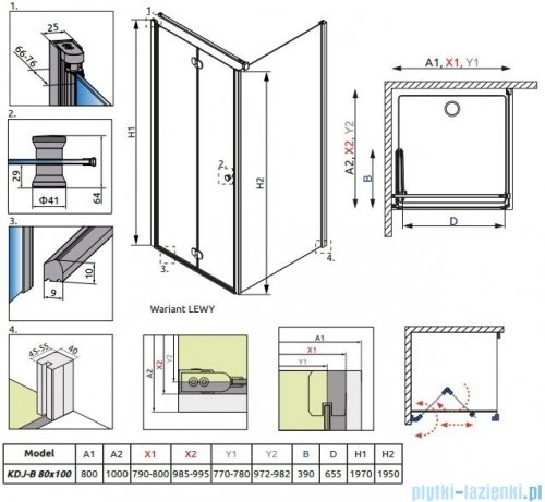 Radaway Eos KDJ-B kabina prysznicowa 80x100 lewa szkło przejrzyste + brodzik Doros D + syfon 37443-01-01NL