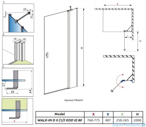 Radaway Nes KDD II Brushed Light Gold kabina walk-in 80cm prawa szczotkowane jasne złoto szkło przejrzyste 10031080-98-01R