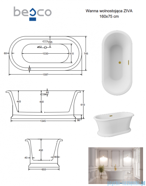 Besco Ziva 160x75 cm wanna wolnostojąca + syfon + maskownica odpływu Czarny matt #WWA-160-ZSB