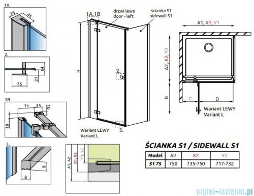 Radaway Fuenta New/Essenza New Kdj ścianka boczna S1 75cm szkło przejrzyste 384049-01-01