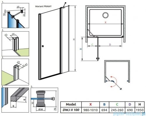 Radaway Eos DWJ II drzwi prysznicowe 100 prawe przejrzyste 13799442-01R