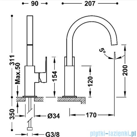 Tres CUADRO Bateria umywalkowa wysoka z boczną dźwignią złota 00660602OR