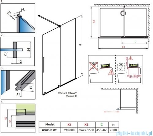 Radaway Furo kabina Walk-in 80x200cm prawa szkło przejrzyste 10106438-01-01R/10110394-01-01