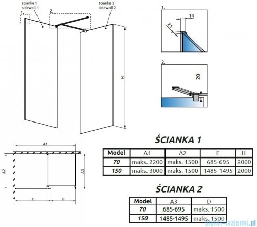 Radaway Modo New III kabina Walk-in 150x70x200 szkło przejrzyste 389154-01-01/389074-01-01/389000-01